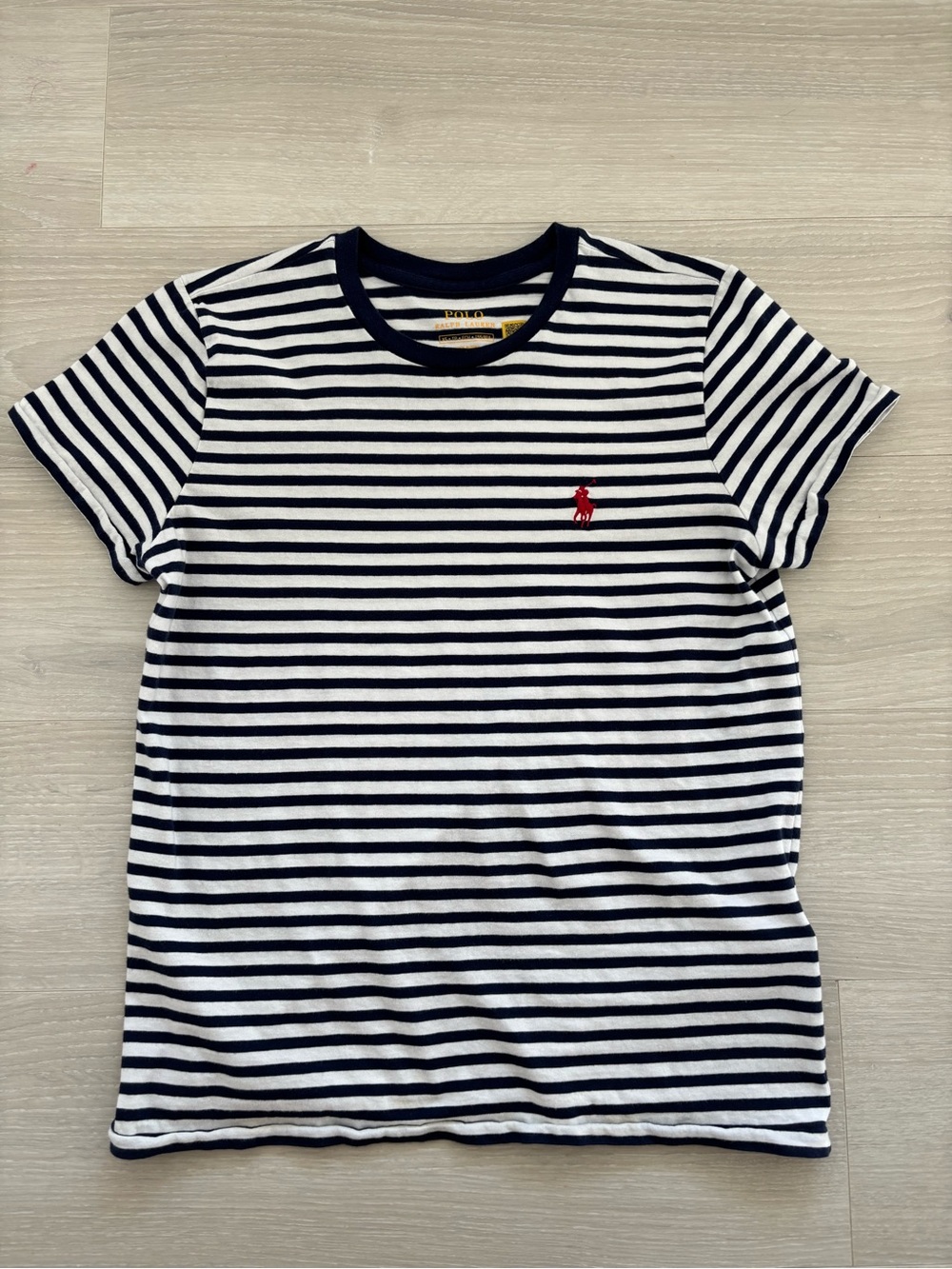 Polo Ralph Lauren Navy & White Striped Cotton Tee with Red Pony